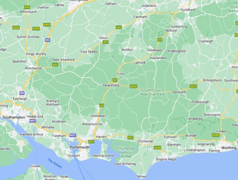 Map of where we install Solar Panels in Hampshire, Surrey and Sussex